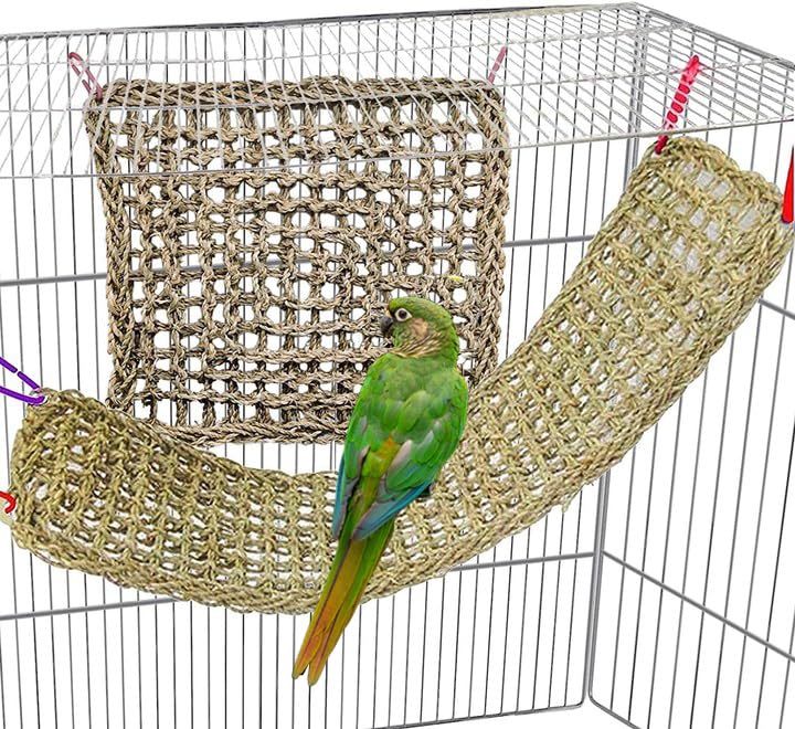 Bird Seagrass Mat,Natural Seagrass Woven Net Bird Foraging Chew Wall Toys Parakeet Hammock Mat with Hooks for Lovebird Cockatiel Conure Budgie,Size 28.3" X 6.7" and 11.81" X 11.81"(2 Pcs)