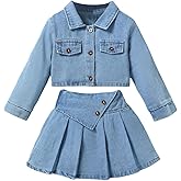 MakeMeChic Toddler Baby Girl 2 Piece Cute Outfits Long Sleeve Collared Denim Jacket and Pleated A Line Jean Skirt Sets