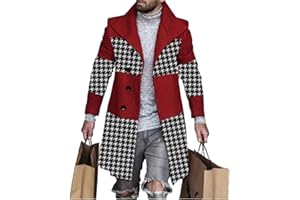 BIVENANT Plaid Trench Coat for Mens Lapel Single Breasted Slim Jacket Overcoat Vintage Graphic Wool Blend Formal Pea Coats