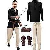 5 Pcs Men's Renaissance Costume Viking Costume Medieval Pirate Vintage Shirt Ankle Banded Pants Accessories Set