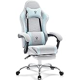 Morkprism Gaming Chair Breathable Fabric,Computer Office Chair with Footrest,Massage Lumbar Support and Gel Pad,Ergonomic Reclining Adjustable Gamer Chair with Headrest and Spring Cushion Grey Blue