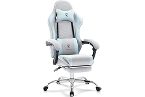 Morkprism Gaming Chair Breathable Fabric,Computer Office Chair with Footrest,Massage Lumbar Support and Gel Pad,Ergonomic Reclining Adjustable Gamer Chair with Headrest and Spring Cushion Grey Blue