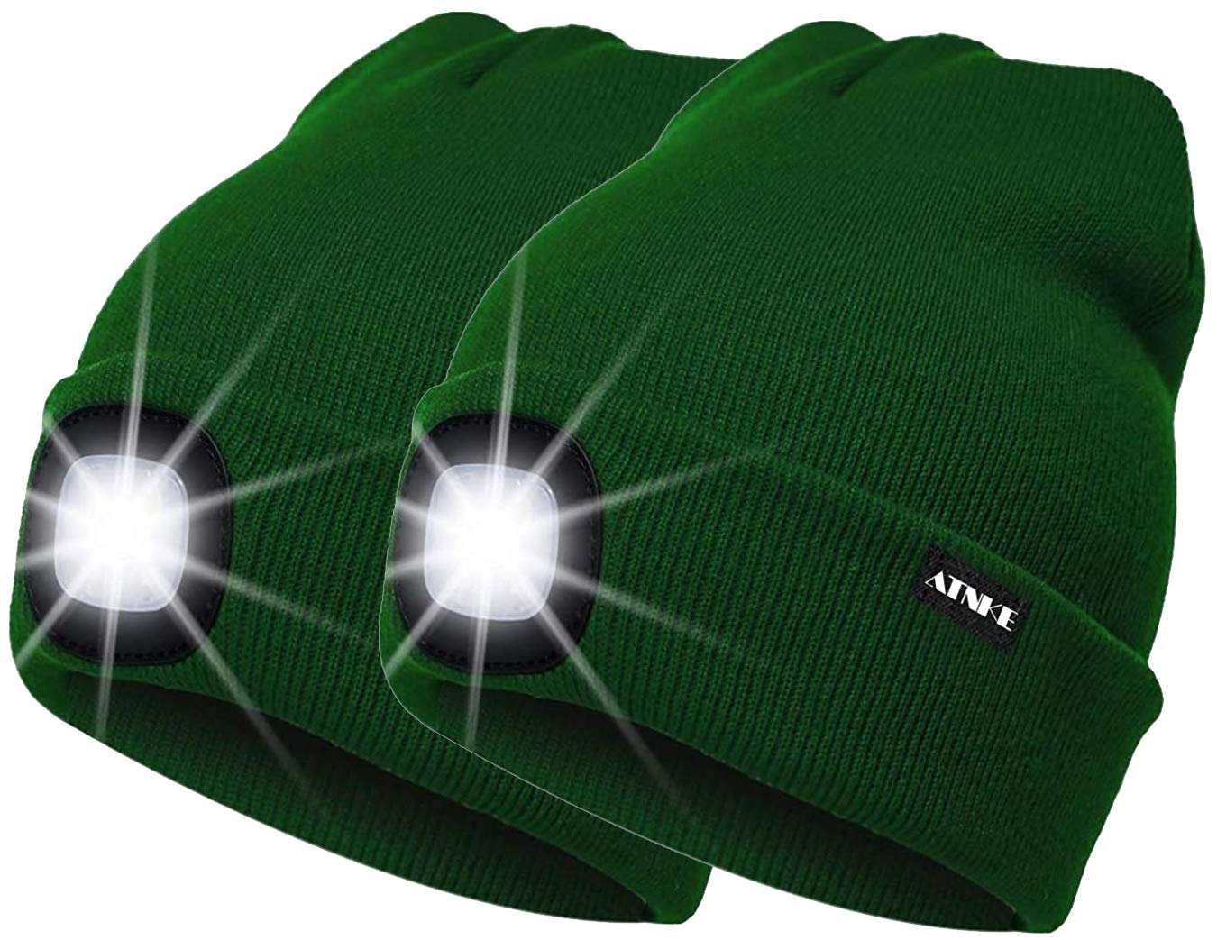 ATNKE 2Pcs New Warm LED Lighted Beanie Cap Unisex USB Rechargeable Running Hat Ultra Bright 4 LED Waterproof Light Lamp Multi-Color/Green
