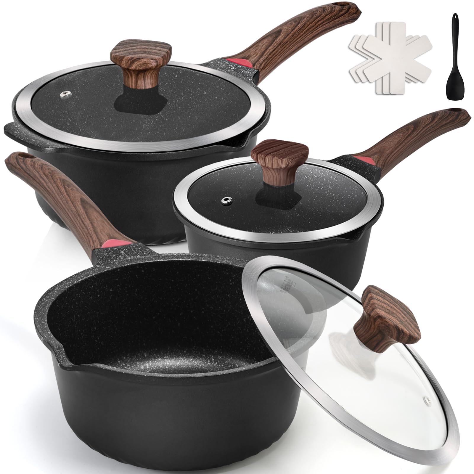 Photo 1 of ***MISSING PARTS***
VINCHEF Sauce Pan Set with Lid 10PCS, 2QT+3QT+4QT Non Stick Sauce Pots Cooking Induction Pot set, Silicone Tools and Pot Protectors, PFAS and PFOA Free Black