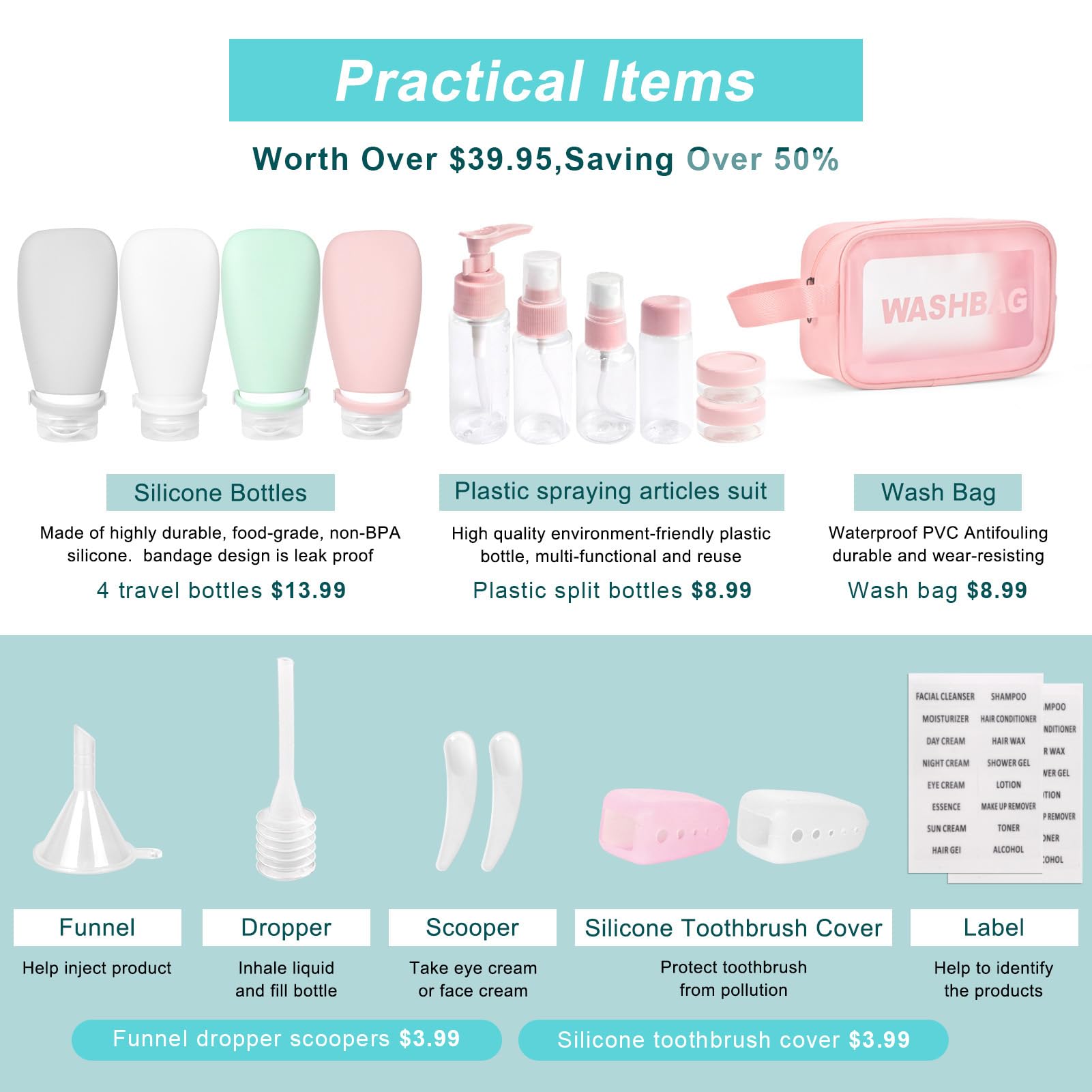 Noideeer 18-Piece Silicone Travel Bottle Set, Aircraft Approval for Travel Bottles for Filling, Suitable for Shampoo, Lotion, Conditioner, Shower Gel, with Labels and Transparent Toiletry Bag