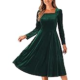 Allegra K Square Neck Dress for Women's Pocket High Waist Puff Long Sleeve Elegant Velvet Dresses