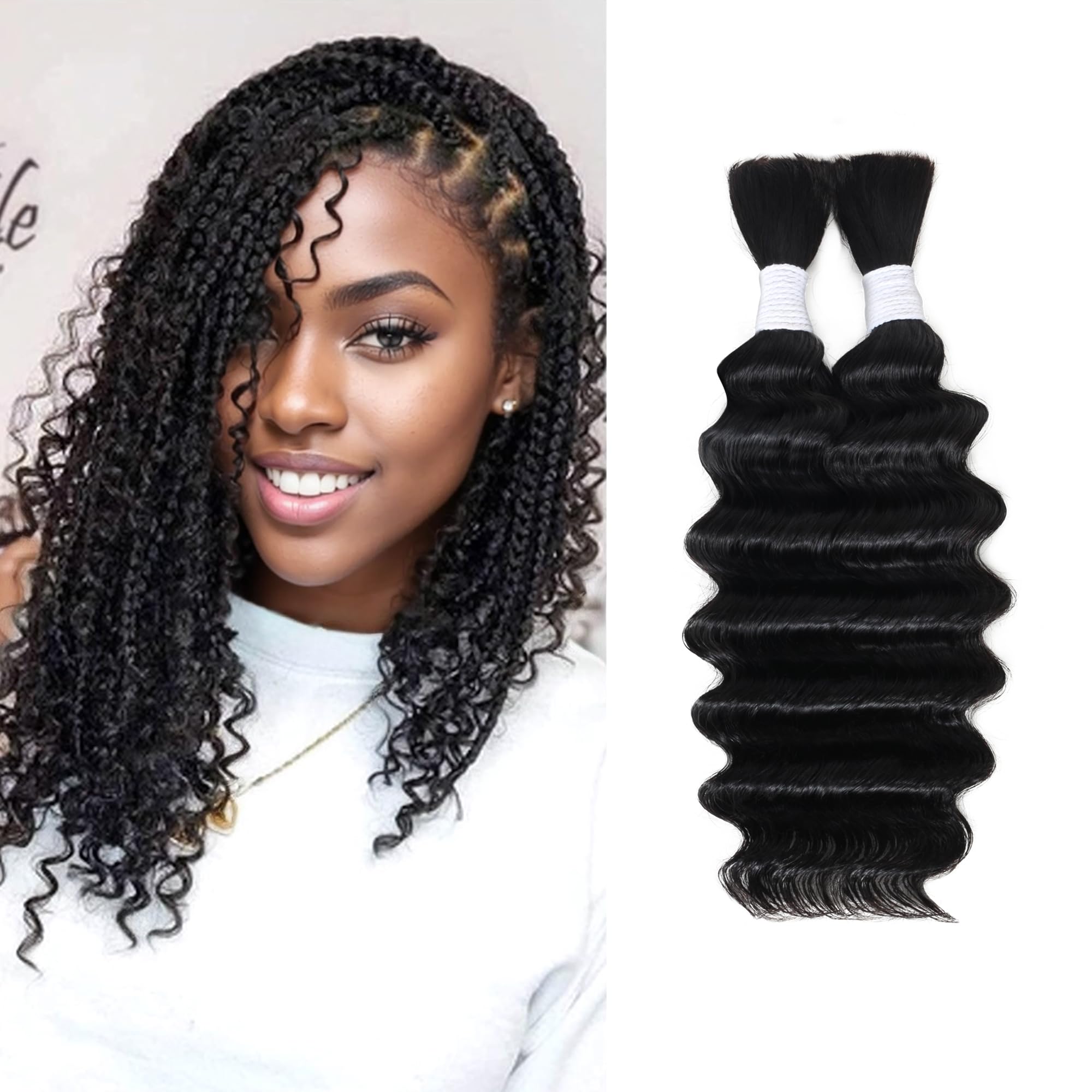 Deep Wave Bulk Human Hair for Braiding 10A Brazilian Curly 100 percent Human Hair 2 Bundles No Weft micro Human Braiding Hair for Boho Braids Virgin Hair Extension(Natural Black, 100g 12")