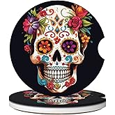 Neukim 2pcs Car Coaster Sugar Skull Floral Absorbent Car Coaster Absorbent Drink Coaster for Car Decor Auto Accessories