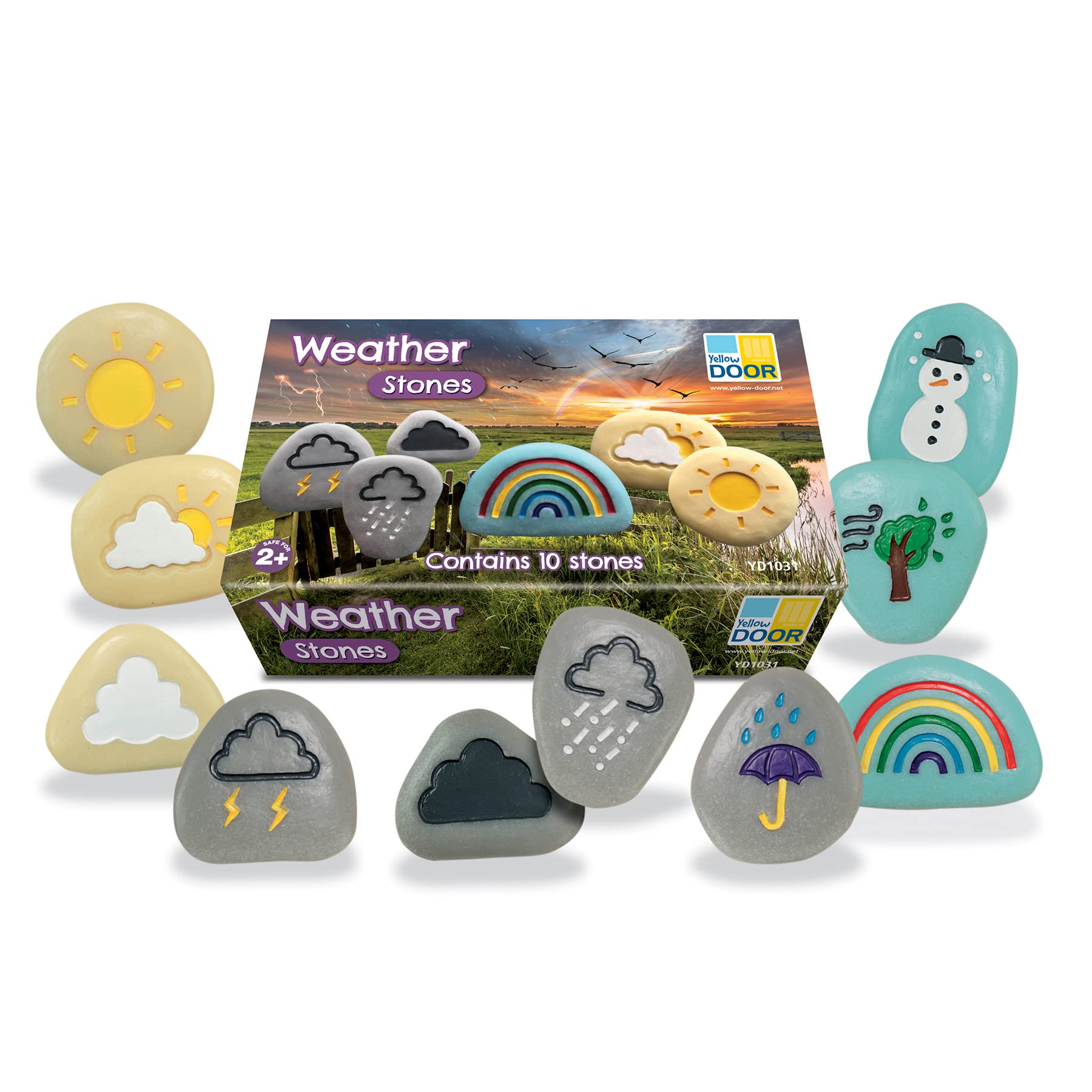 Yellow Door Weather Stones | STEM | Early Educational Toys for Kids Age 2 3 4 5 | Outdoor Science Play | Set of 10 Weather Forecast Symbols | Cloud, rain, Rainbow, Snow, Sun, Thunderstorm, Wind