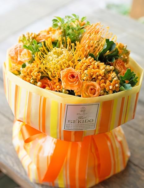 Amazon クール便 花束 ギフト 自立 する花束 Lサイズ イエロー オレンジ 不思議な花束 生花 ブーケ 花束 オンライン通販