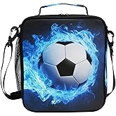WEVIBOFU Blue Soccer Flame Football Fire Lunch Box for Girls Boys Insulated Lunch Bag with Adjustable Shoulder Strap Kids Thermal Tote Bags Cooler School Travel Picnic