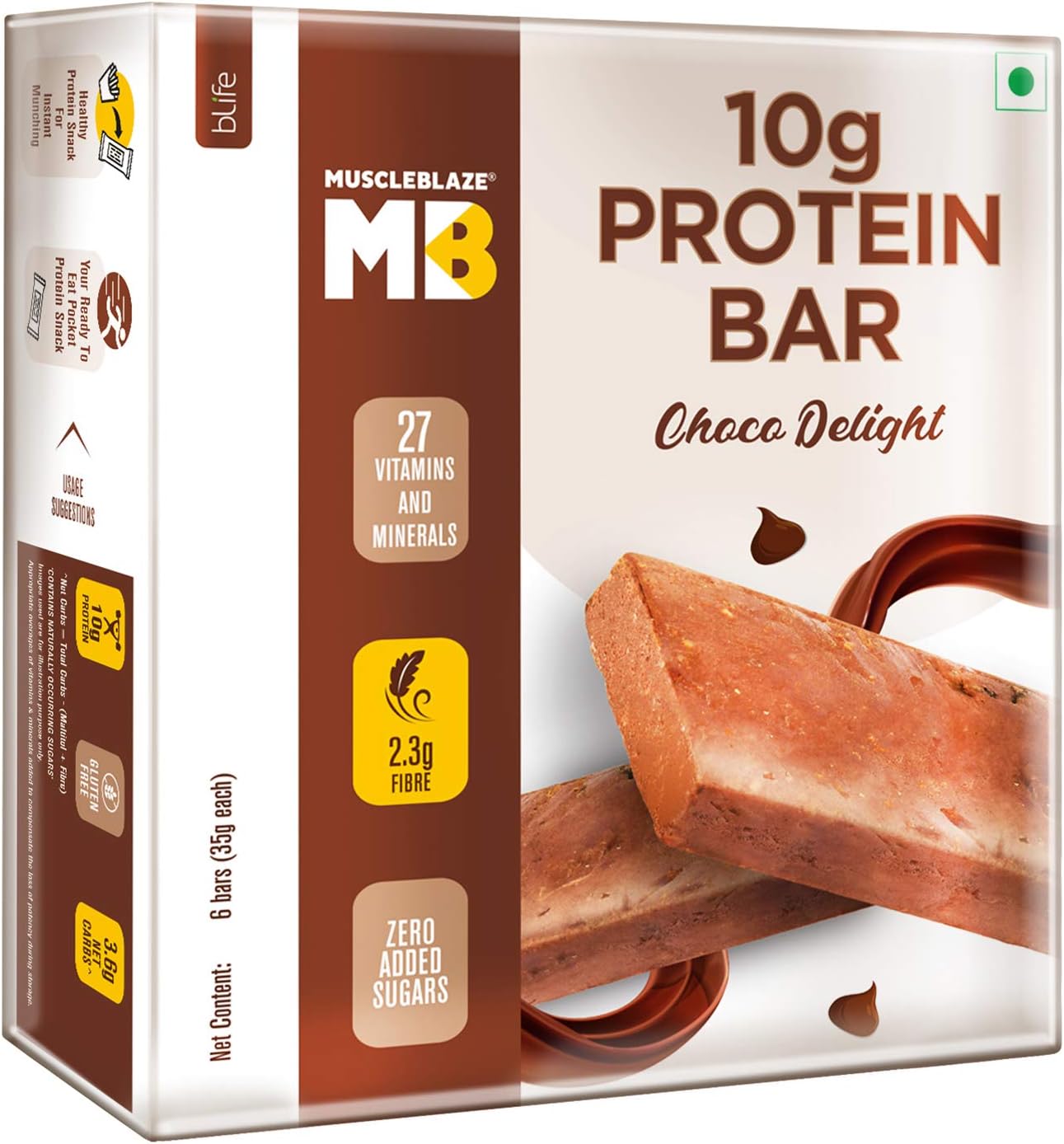 MuscleBlaze Mini-Protein Bar 210g, 35g x 6bars with Zero added sugar (Choco Delight, Pack of 6, 60g Protein)