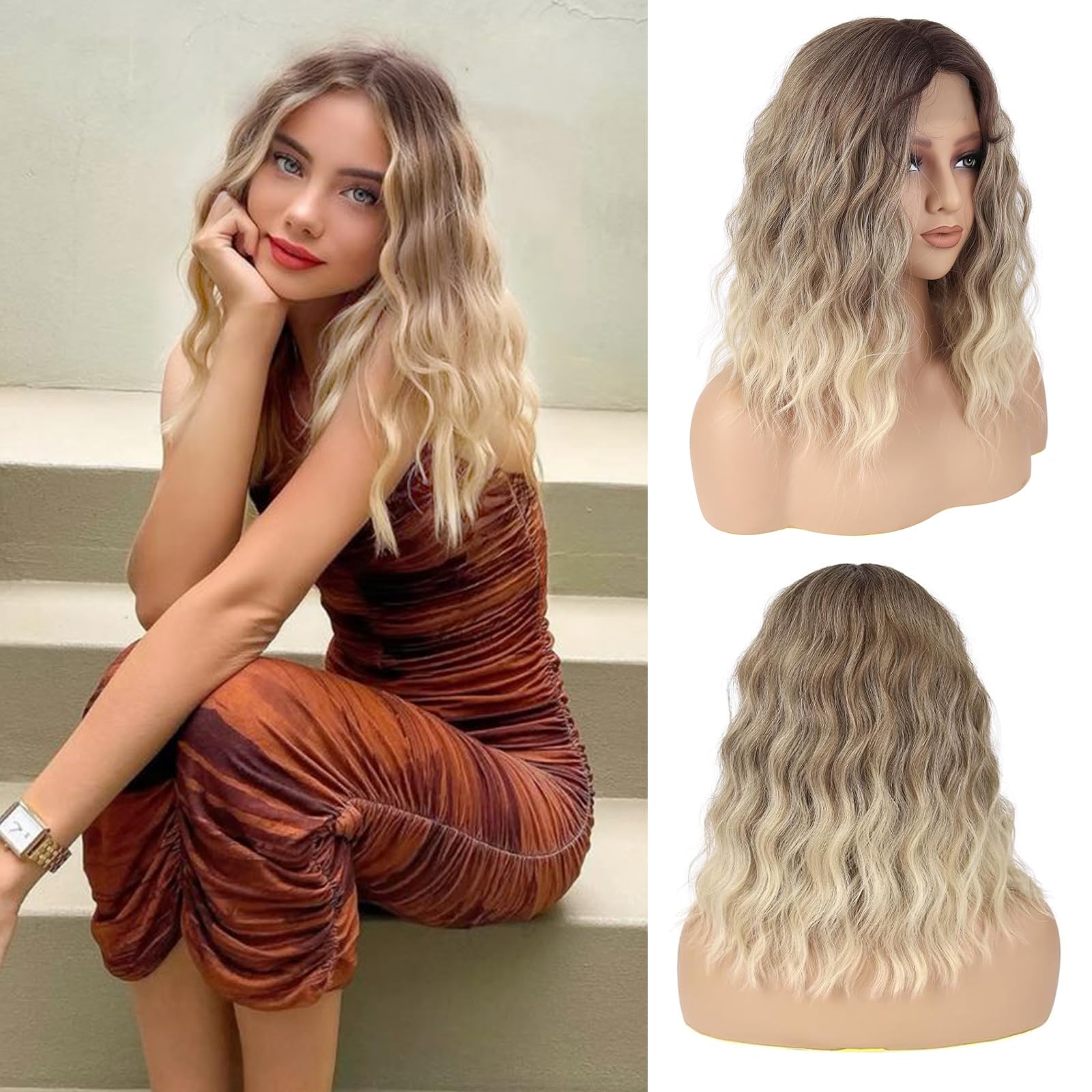 Photo 1 of 16 inch Wavy Wig for Women - Medium Length Wigs, Heat Resistant Synthetic Hair, Middle Part, Natural Look for Daily Use, Party & Halloween (Ombre Walnut Brown to Bleach Blonde)