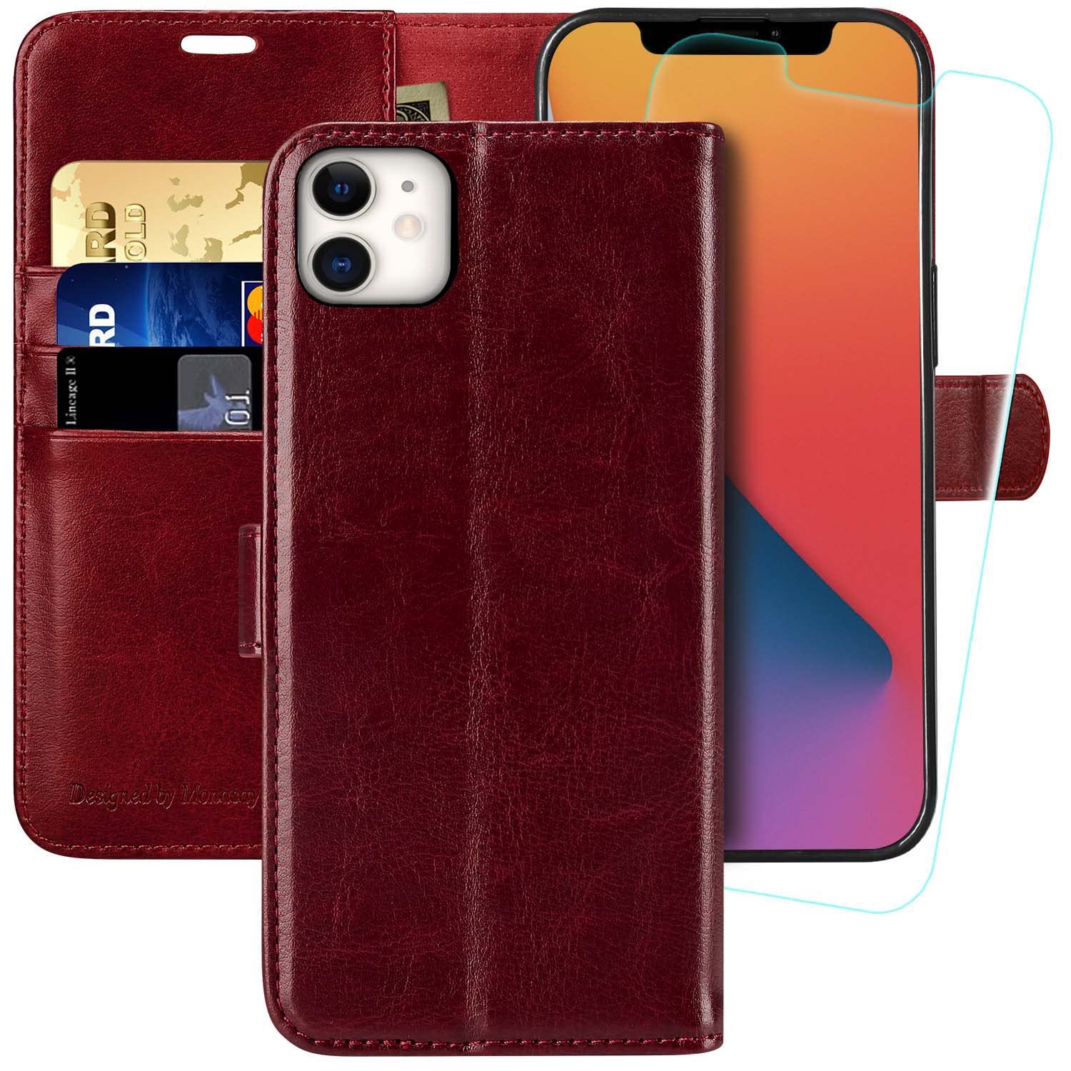MONASAY Wallet Case for iPhone 12 Pro/iPhone 12 5G,6.1-inch[Glass Screen Protector Included] [RFID Blocking] Flip Folio Leather Cell Phone Cover with Credit Card Holder for iPhone 12/12 Pro,Burgundy — image 1