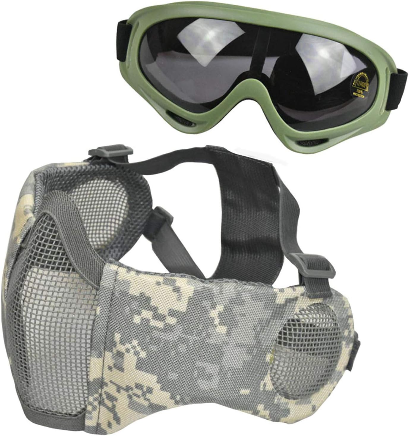 Amazon Com Jffcestore Airsoft Mask Facepiece Foldable Half Face Airsoft Mesh Mask With Ear Protection With Goggles Set For Hunting Paintball Shooting Acu Sports Outdoors