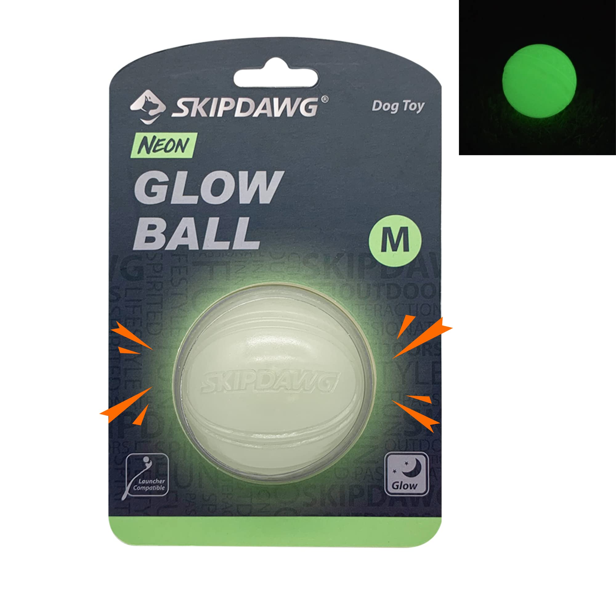 PETGEEK SKIPDAWG Glow Dog Ball - High Visibility, Interactive Squeaky Toy, High Bounce, Floating Durable TPR Night Glowing Fetch Ball, Fits Ball Launcher - 1 Pack