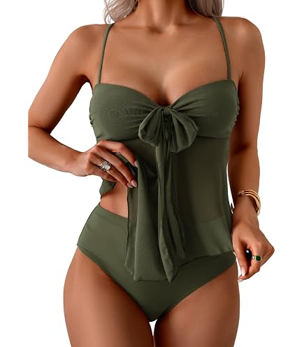 Amazon.com: CIDER V-Neck Gingham Bowknot Lettuce Trim Tankini
