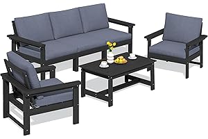 SERWALL HDPE Patio Conversation Set, 6-Piece Sectional Outdoor Furniture Set, All Weather Outdoor Couch Set Patio Furniture Set for Deck, Lawn, Black Frame with Grey Cushion