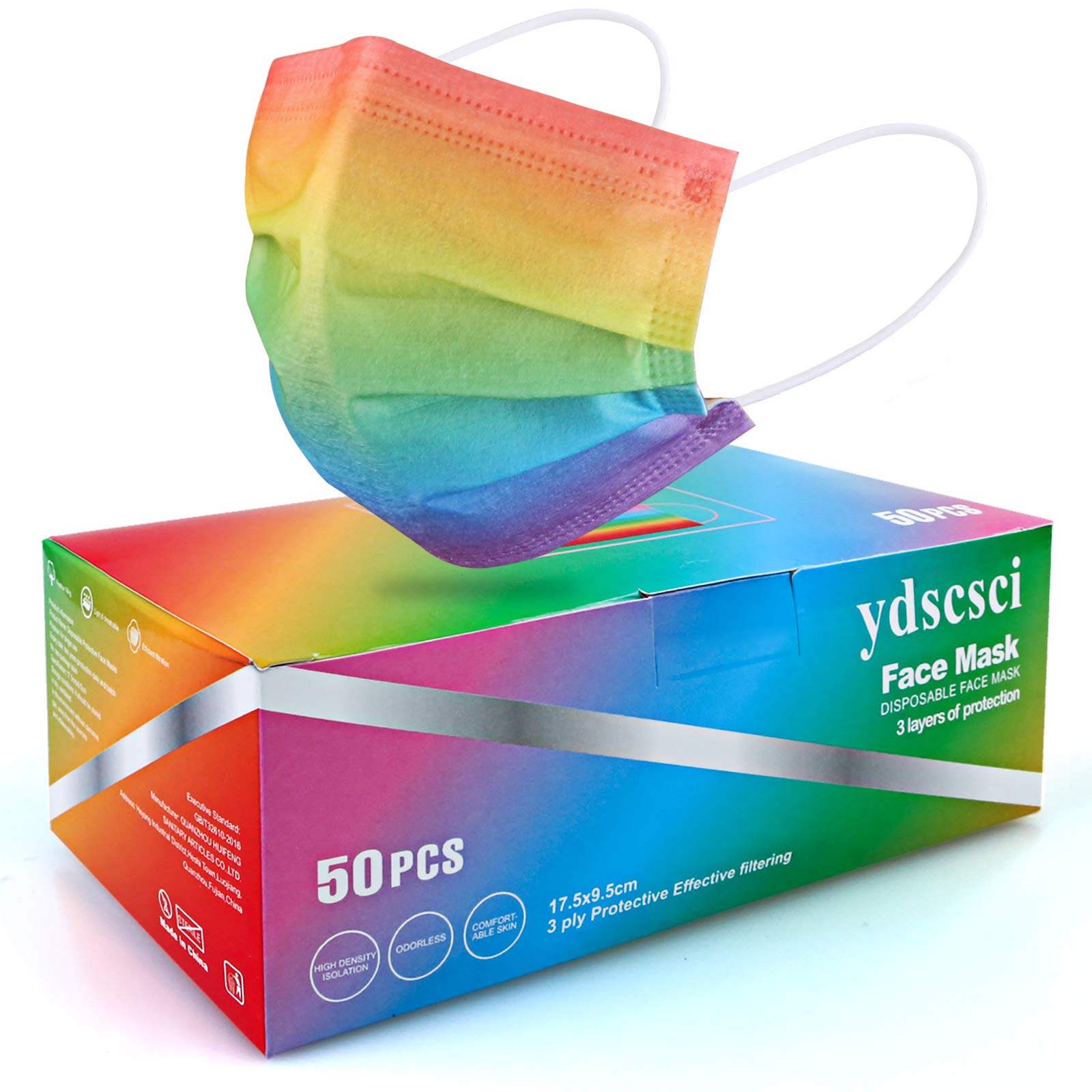 ydscsci Face Mask, Disposable 3 Ply Face Masks Protective Breathable Facial Mask for Adult Men Women Indoor Outdoor Daily Use 50 Pcs Rainbow Gradient
