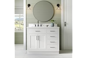 ARIEL Hepburn 43 Inch Single Sink Bathroom Vanity in White, 1.5 Edge Quartz Top, Solid Wood, Left Rectangular Sink, 2 Soft Closing Doors, 5 Full Extension Dovetail Drawers, Toe Kick