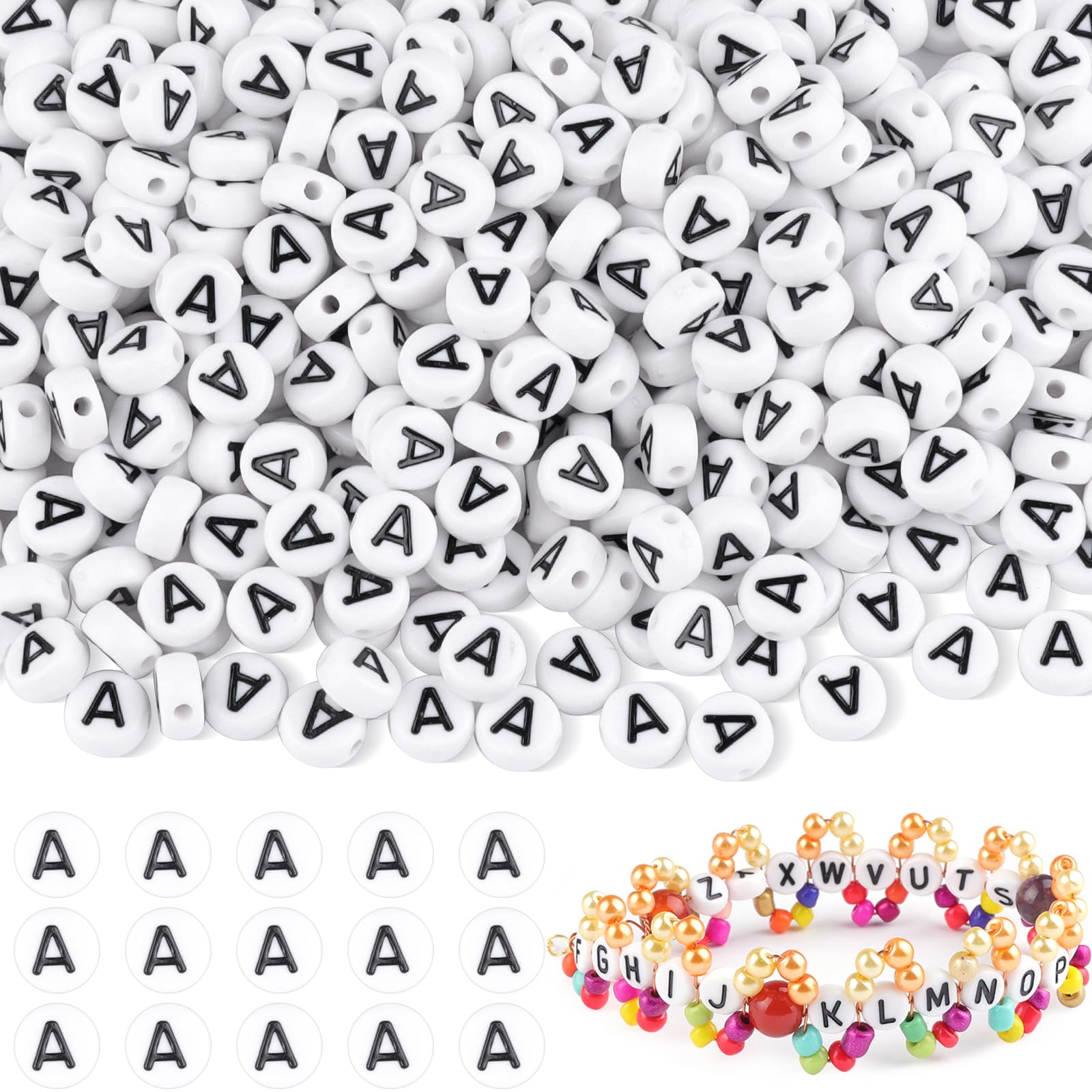 500Pcs Acrylic Letter A Beads,7mm Round Alphabet Beads for Bracelet Making,Spacer Vowel Letter Bead for Necklace,Earring and Jewellery Making