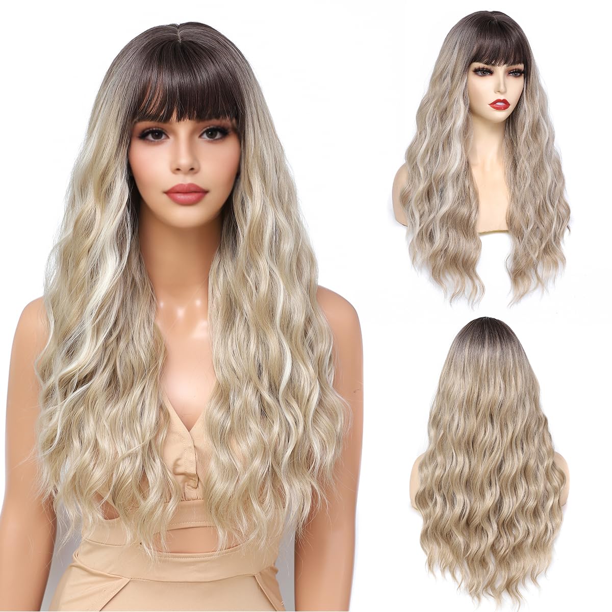 Yamel Long Wigs for Women with Fringe 24 inch Adjustable Curly Wavy Cosplay Daily Use Synthetic Hair Wig Balayage Blonde Wigs