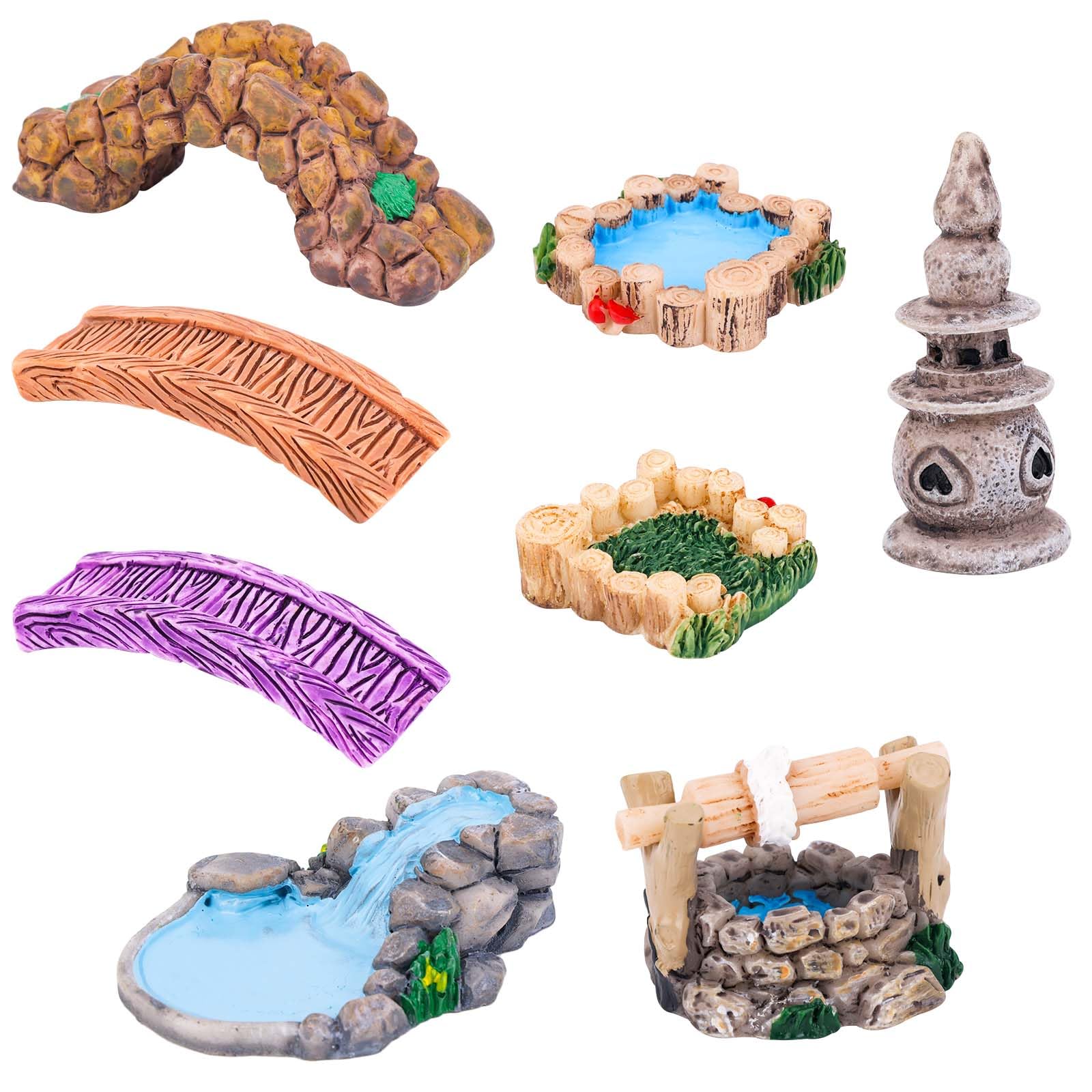 Gosknor 9pcs Miniature Resin Pond Lawn Garden Ornament, Fairy Figurines Accessories Landscape Decoration Mini Bridge Meditation Water Well Zen Tray Items Kit for DIY Craft Decor