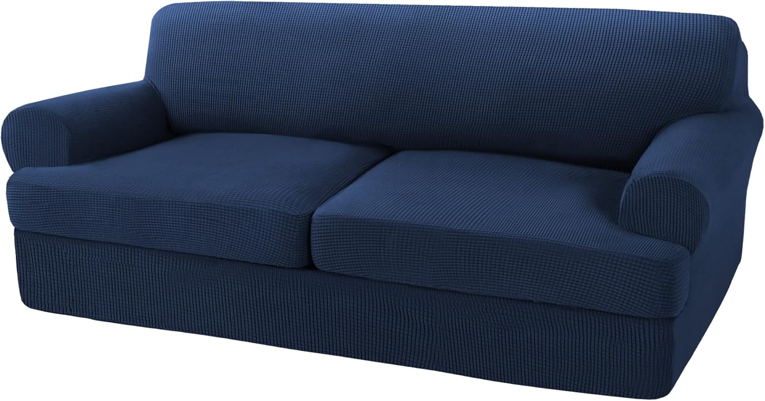 Slipcovers - Turquoize 3 Pieces Sofa Covers T Cushion Sofa Slipcovers for 2 Cushion Couch Cover Soft Sofa Slip Cover Furniture Covers with 2 Individual T Cushion Seat Covers, Washable (2 Cushion Sofa, Navy)