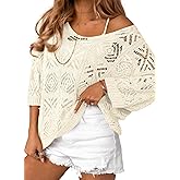 Dokotoo Women's 2026 Spring Summer Crochet Hollow Out 3/4 Sleeve Pullover Sweater Off Shoulder T-Shirts