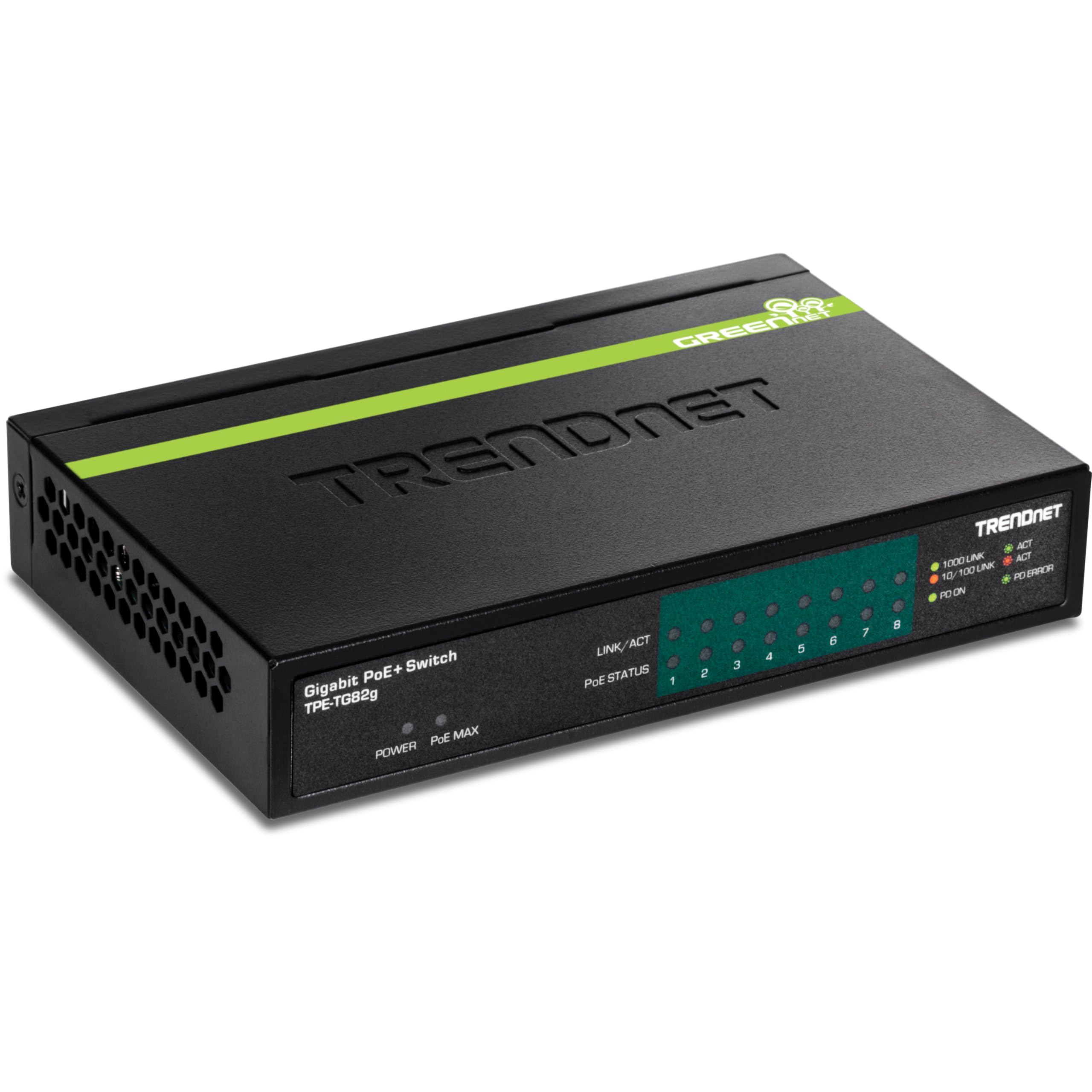 TRENDnet 8-Port GREENnet Gigabit PoE+ Switch, Supports + Devices, 61W Budget, 16Gbps Switching Capacity, Data & Power Via Ethernet to Access Points & IP Cameras, Black, TPE-TG82G