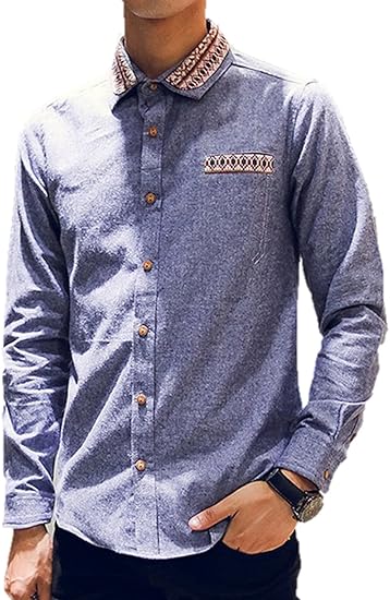 Amazon メンズ シャツ 長袖 コットンシャツ 綿シャツ デニムシャツ 刺繍 レトロ ヴィンテージ 襟 カジュアル K7062 4xl ブルー シャツ 通販