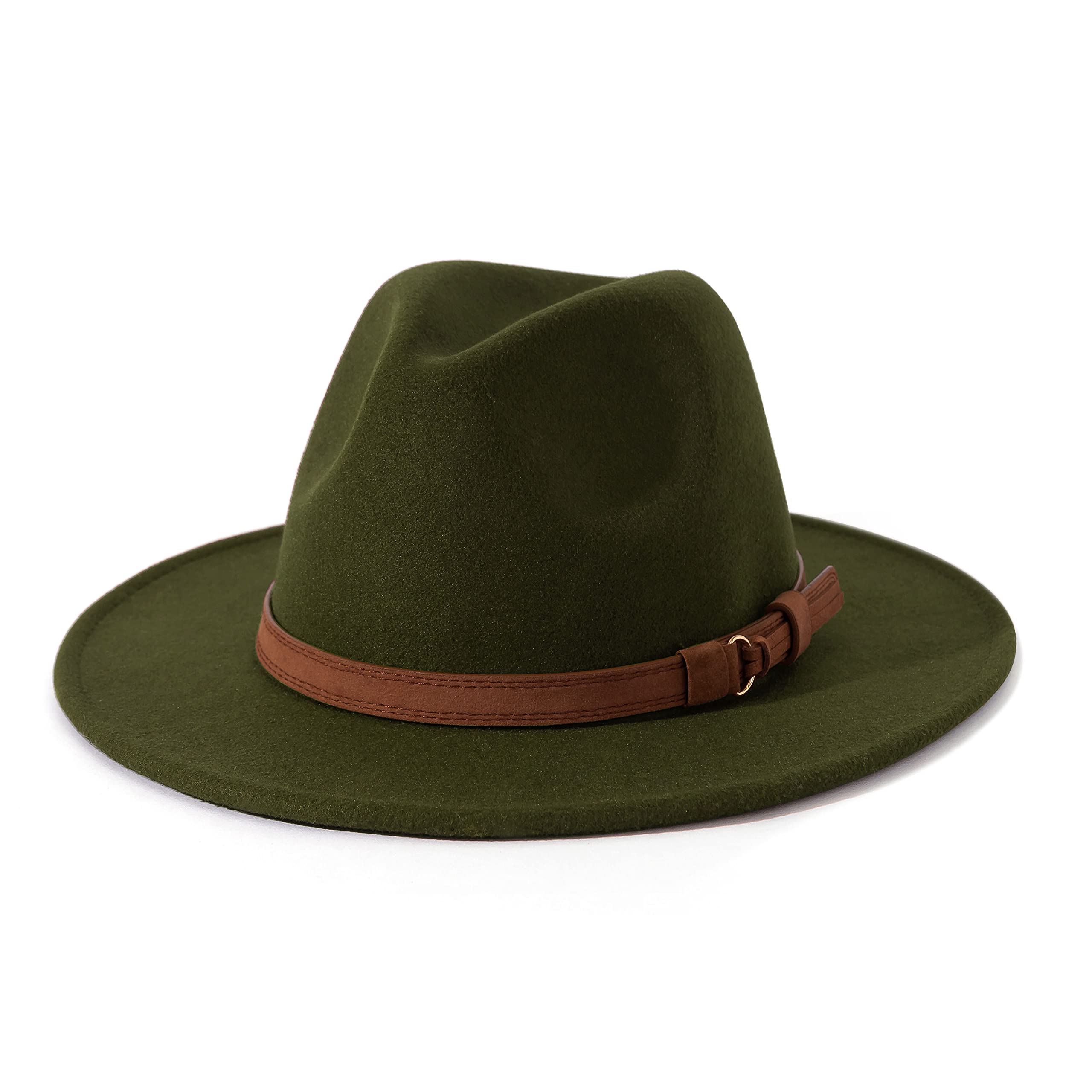 Photo 1 of Lisianthus Men & Women Vintage Wide Brim Fedora Hat with Belt Buckle A-Olive 56-58cm