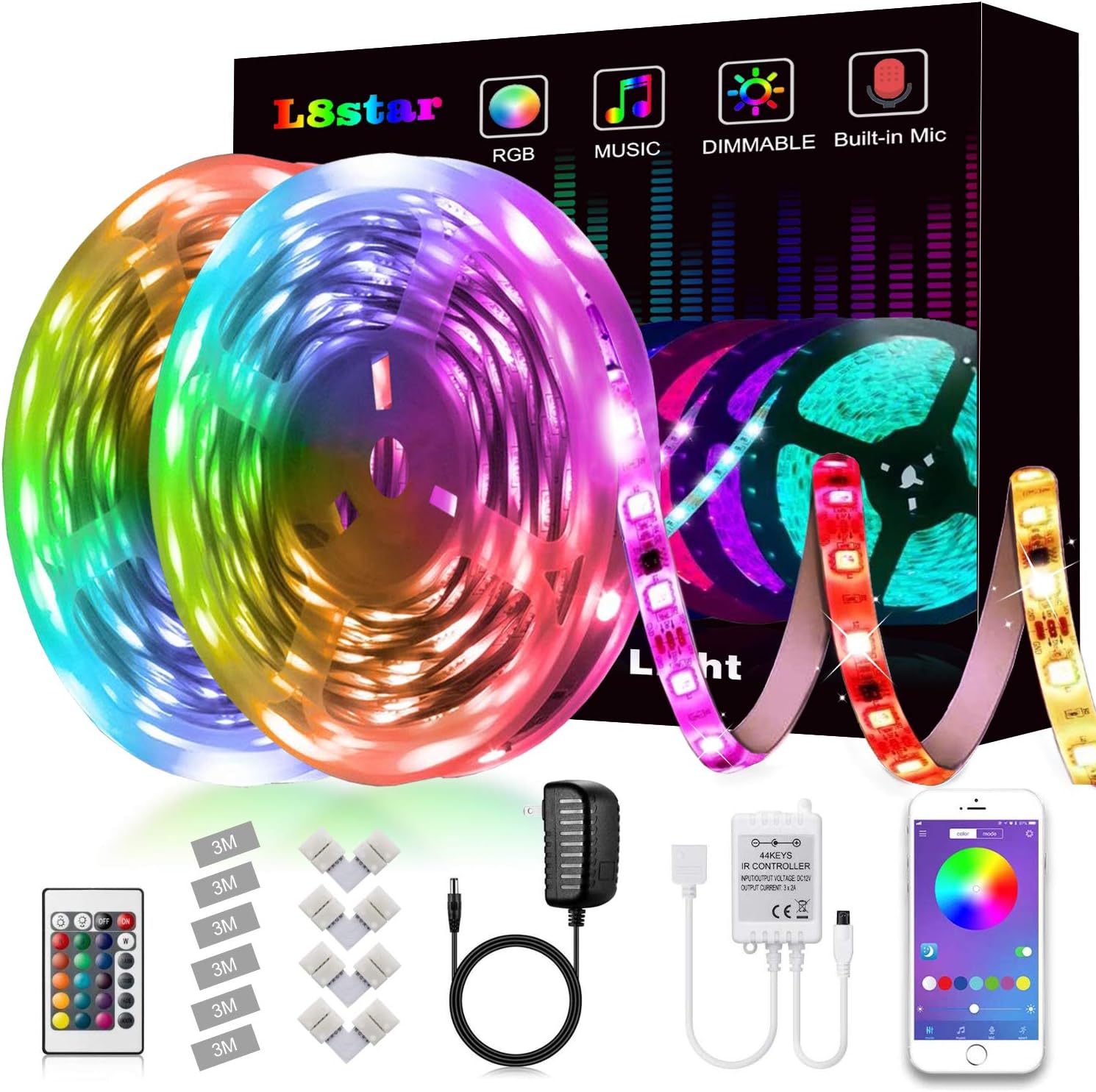 LED Strip Lights,L8star 32.8ft(10m) Flexible Strip Light SMD 5050 RGB with Bluetooth Controller Changing Tape Lights kit with LED Sync to Music for TV,Bedroom,Kitchen Under Counter, Under Bed Lighting