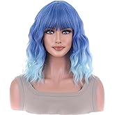 ANESHE 14 Inches Blue Ombre Wigs with Bangs for Women Short Curly Wavy Blue Wig Shoulder Length Bob Synthetic Cosplay Wig for Girl Colorful Costume Wigs