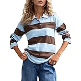 calbatic Rugby Striped Polo Shirt for Women Long Sleeve Lapel Collar T Shirt Color Block Casual Loose Pullover Tops Brown Blue