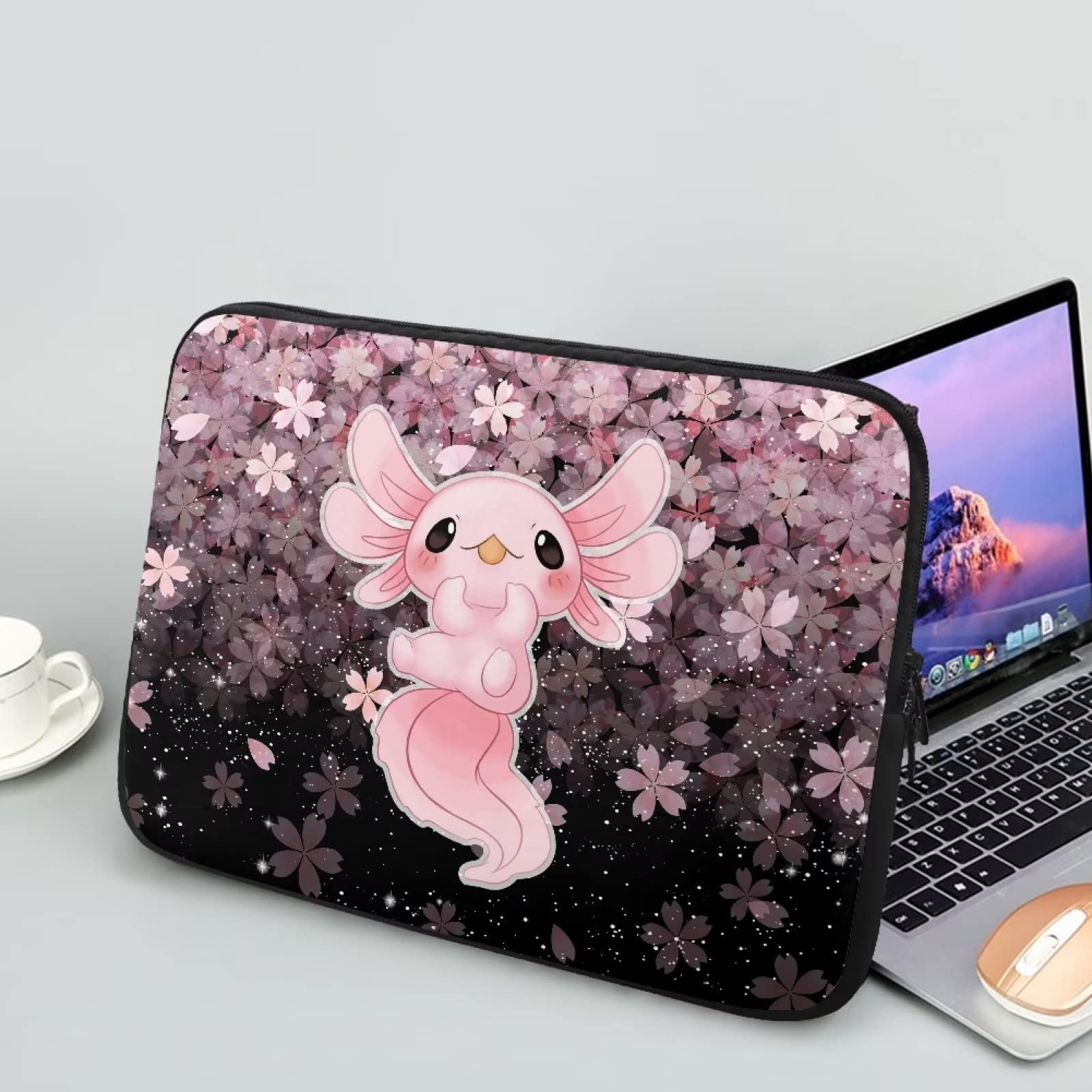 Showudesigns Sakura Axolotl Laptop Sleeve Case for Women Girls Neoprene Laptop Sleeve 12 inch Portable Accessory Bag for Friends Tablet Bag Cherry Blossom