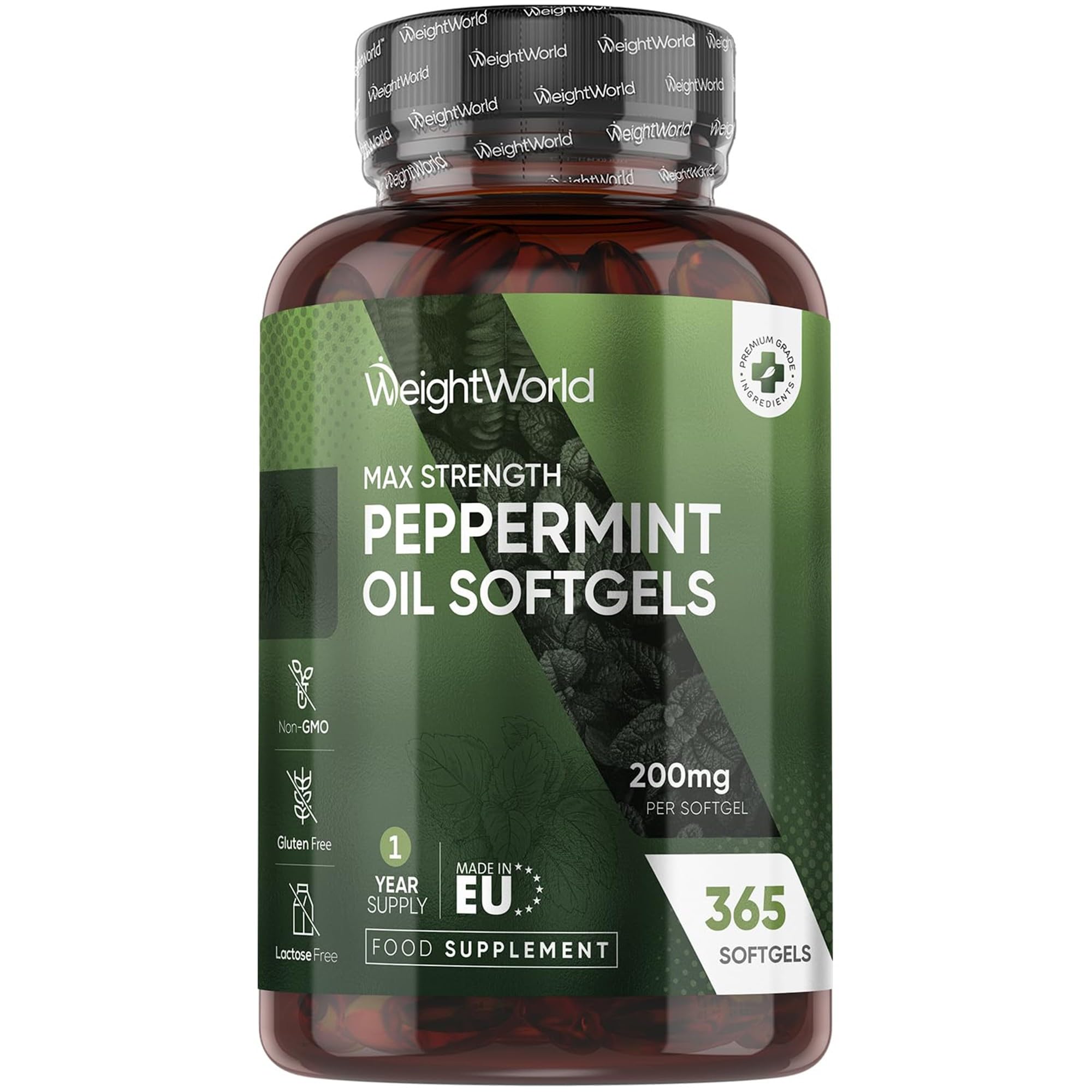 Peppermint Oil Capsules 200mg - 1 Year Supply - 365 Softgels - Easy to Consume - 1 Per Day - Peppermint Oil Softgels - Lactose-Free & Gluten-Free Supplement - Non-GMO & GMP-Approved
