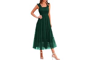 PRETTYGARDEN Women's Summer Tulle Midi Dress Sleeveless Smocked Ruffle Flowy Mesh Dresses Party Wedding Guest Sundress