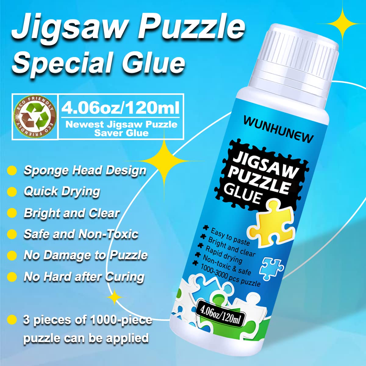Jigsaw Puzzle Glue Clear with Sponge Head Applicator, Puzzle Saver Frame for 1000/1500/3000 Pieces Puzzle of Paper & Wood, Water-Soluble Special Art Craft Puzzle Guard Glue, Quick Dry (120ML)