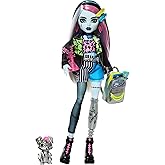 Monster High Frankie Stein Doll in Denim Jacket & Shorts, includes Pet Dog Watzie & Accessories like a Backpack, Snack & Note
