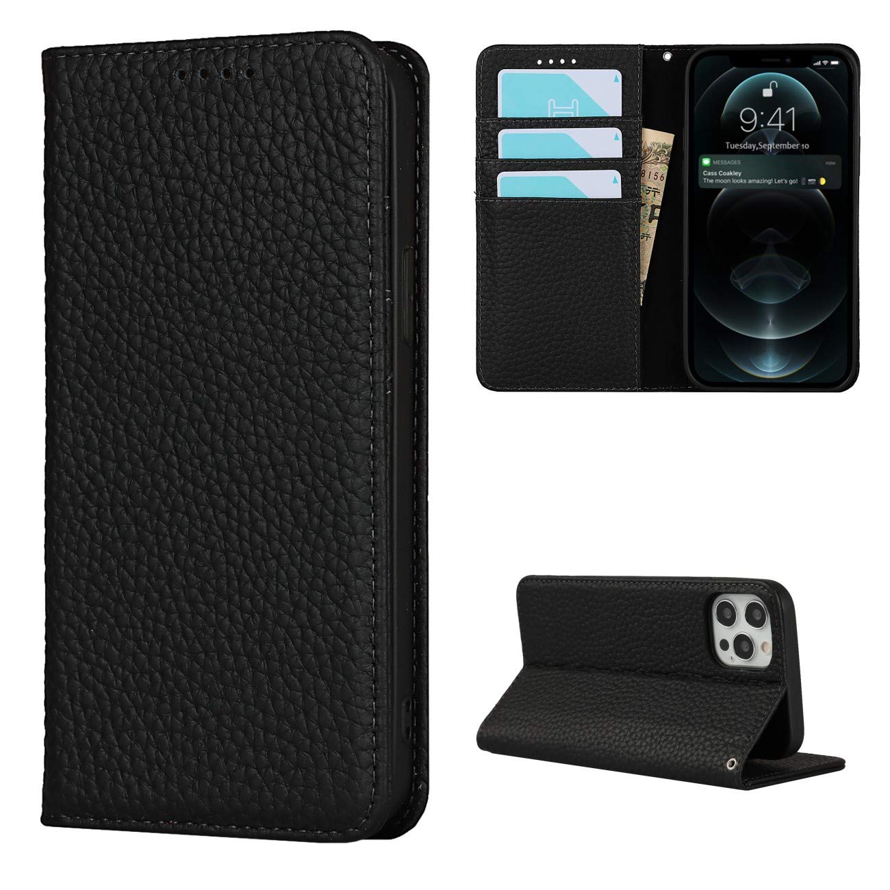Copmob Phone Case iPhone 12/12 Pro,Flip Genuine Leather Wallet Case,[4 Slots][Magnetic closure][With Lanyard],Protective Cover Case for iPhone 12/12 Pro - Black