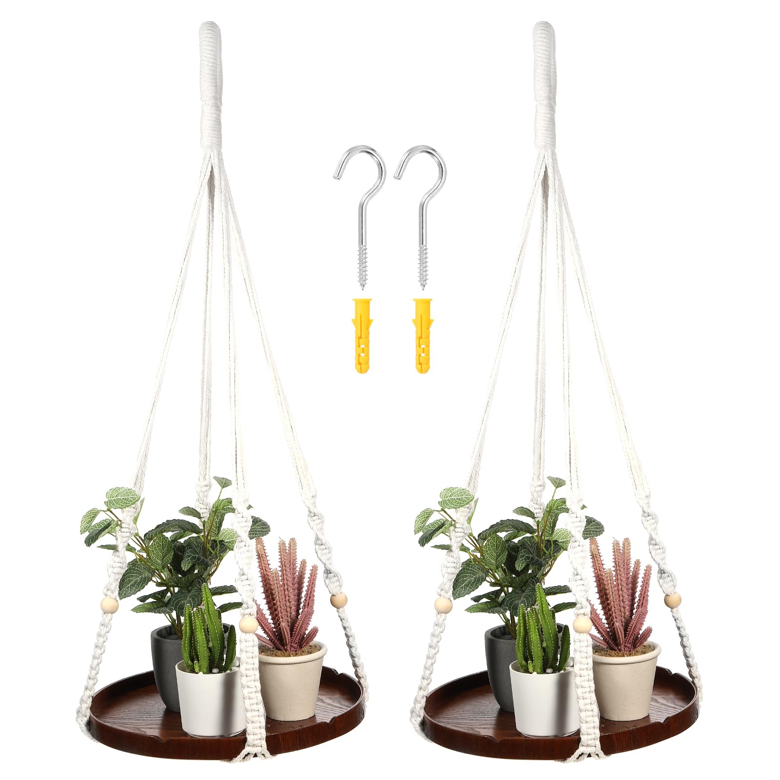 PATIKIL Macrame Plant Hangers Indoors, 2 Pack Hanging Plant Shelf with Sturdy Wood Base for Home Decor Hanging Wall Ceiling Window, Light Brown