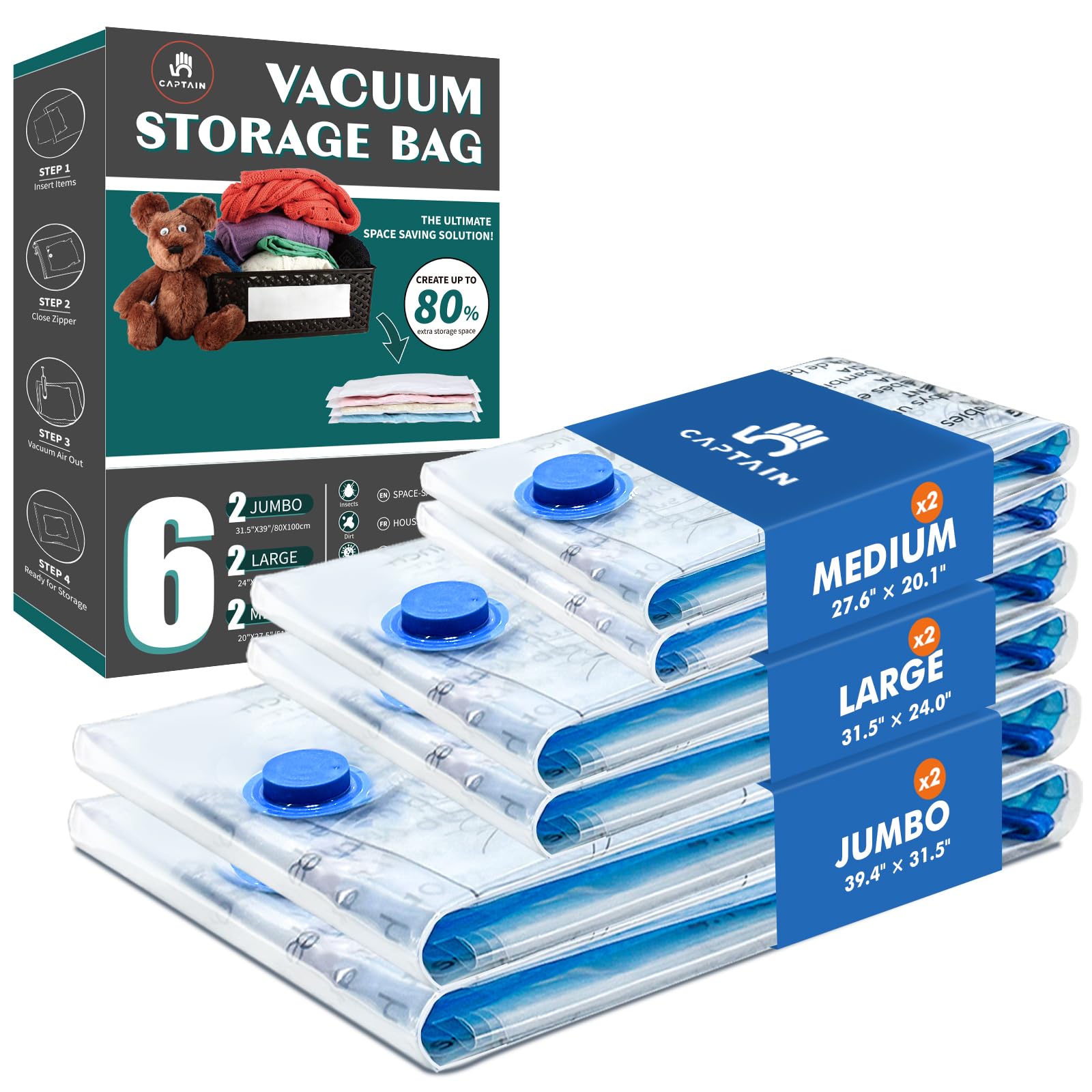 CaptainFive Vacuum Storage Bags 6-Pack (2 Jumbo + 2 Large + 2 Medium), Space Saver Sealer Vacuum Bags for Clothes, Pillows, Duvets, Bedding, Vacuum Bags for Home Organization, Moving and Storage