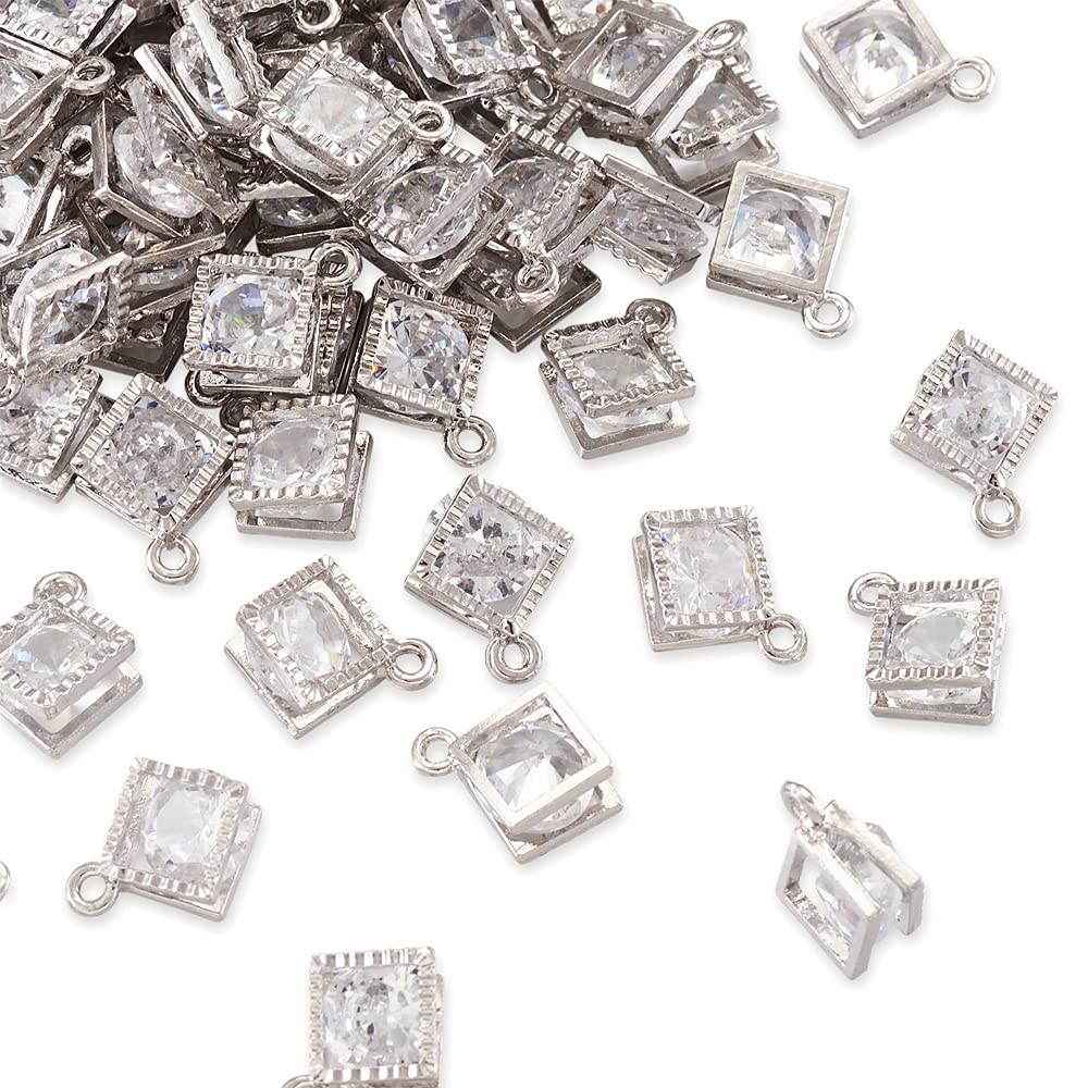 Craftdady 100pcs Cubic Zirconia Crystal Charms Rhombus Shape Tiny Rhinestone Diamante Pendants with Platinum Color Metal Frame for Necklace Earring Jewelry Making
