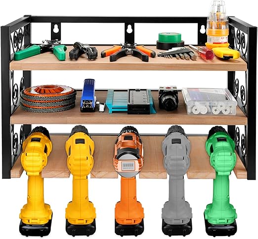 Amazon Com Astong Power Tool Storage And Tool Organizer Drill Charging Station Five Drill Hanging Slots Garage Storage Cabinets Wall Mount Metal Rack Wooden Board Home Kitchen