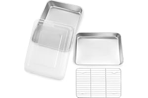 TeamFar Toaster Oven Pans, 10.5’’ x 8’’ Stainless Steel Small Bakeware with Rack & Lid for Baking Cooling Storing, Non-Toxic & Heavy Duty, Deep & Visible Lid, Dishwasher Safe-4 PCS