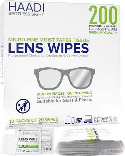 HAADI Glasses Cleaner Wipes 200 Pack Individually Wrapped 6x5 in