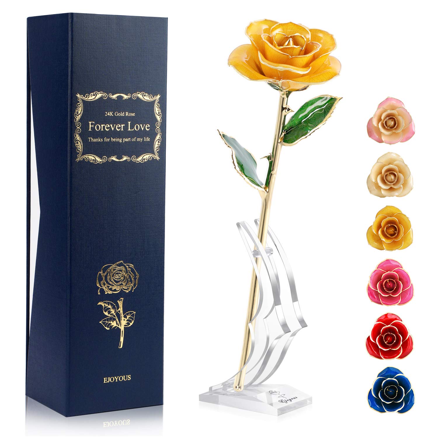 Ejoyous 24K Gold Rose W/Stand Gift for Girlfriend Daughter Mom Grandma Friend Birthday Wedding Anniversary Graduation Valentines Thanksgiving Gratitude Present, Yellow Rose With Base