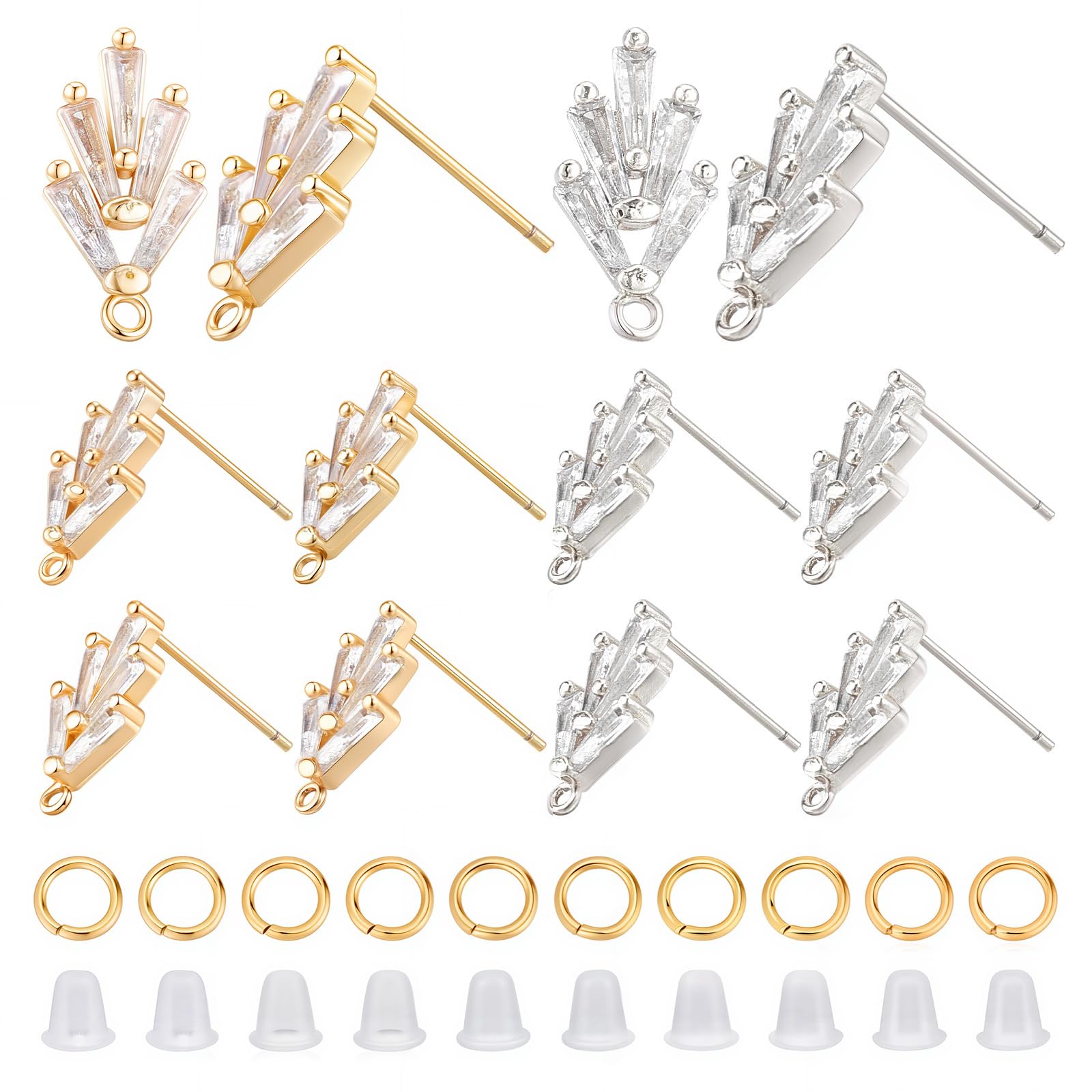 CREATCABIN 1 Box 12Pcs 2 Color 18K Gold Plated Brass Cubic Zirconia Earrings Stud Post Loop Jewelry Making Findings with 50Pcs Jump Rings 50Pcs Rubber Earring Rubber Backs Stopper DIY Crafts Supplies