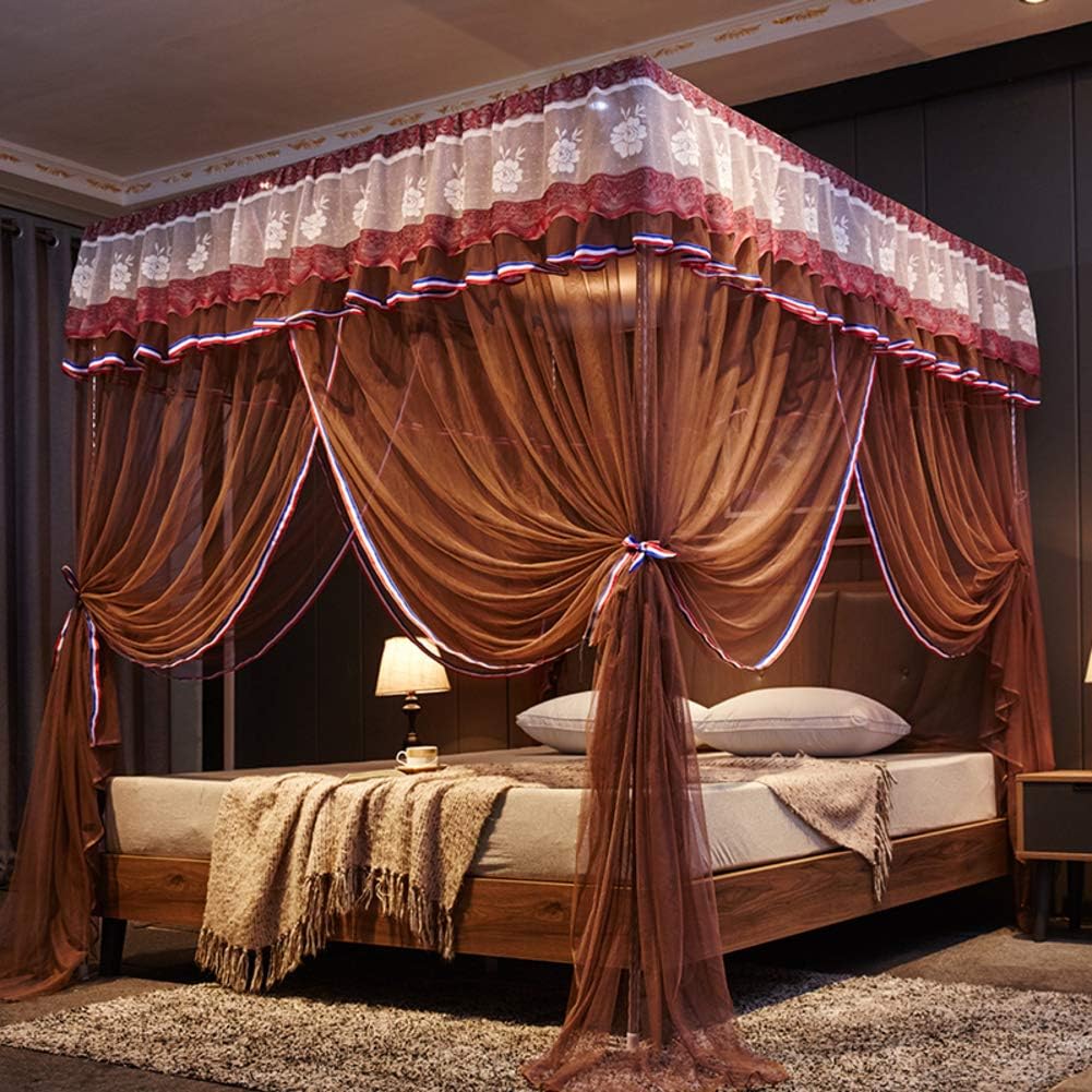 4 Corner Bed Canopy Curtain,romance Lace Mosquito Net,premium Frame Bed Drapes For Single To King Size Beds,quick And Easy To Install-coffee Color King
